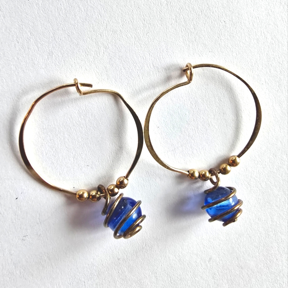 Hoop earrings blue bead cage gold tone dainty